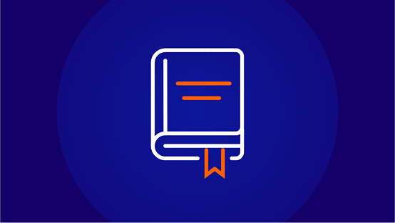 An icon of a white-outlined book with an orange bookmark and orange lines on the cover, on a dark blue background.