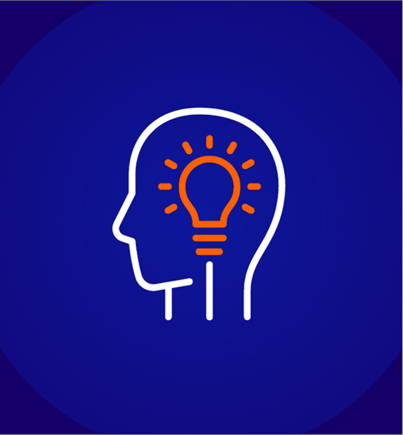 Line icon of a head with a lightbulb, symbolising thought generation, new ideas, and being open minded. Icon is shown on blue circle background