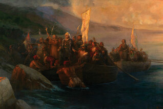 A painting depicts Christopher Columbus and shipmates landing at sunrise Oct. 12, 1492, on the island he named San Salvador.