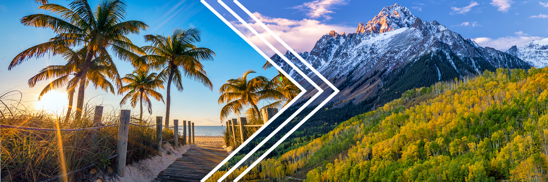 A split image of a Florida beach and the Rocky Mountains
