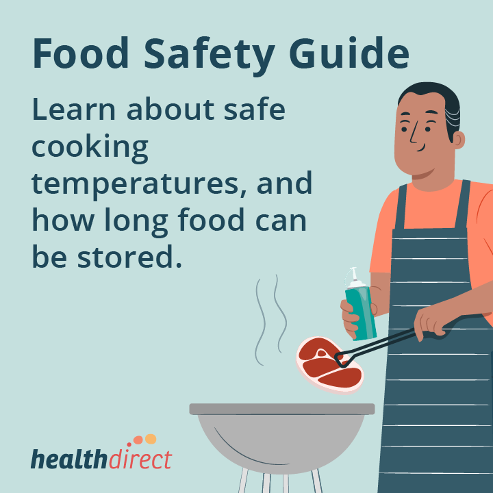Infographic with tips for safe refrigerated storage of food, cooking temperature and cooking tips.