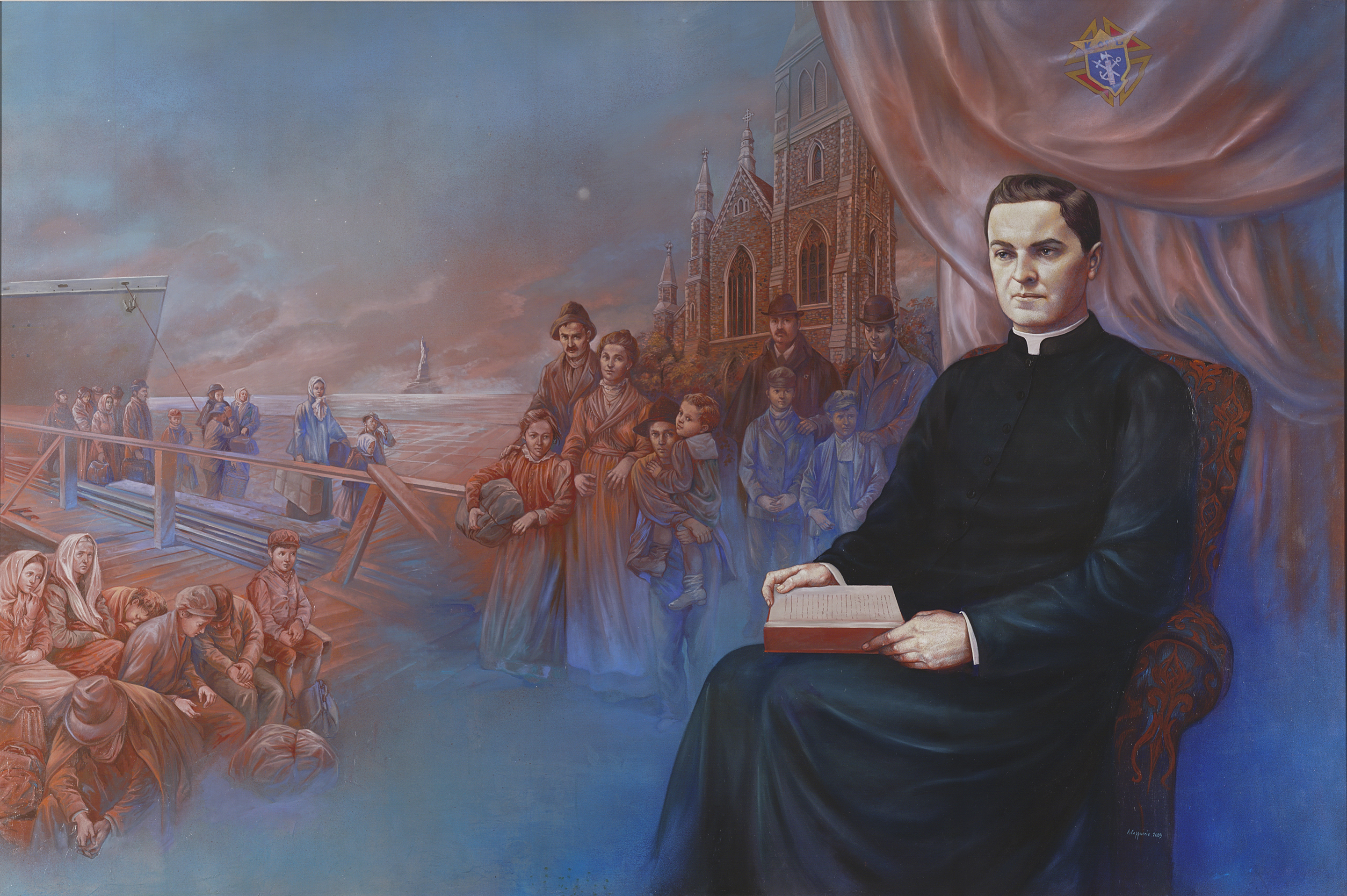 McGivney sits holding an opened book. Behind him is St. Mary’s Church facade. Also depicted are people departing a ship and the Statue of Liberty. 