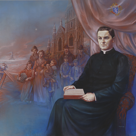 McGivney sits holding an opened book. Behind him is St. Mary’s Church facade. Also depicted are people departing a ship and the Statue of Liberty. 