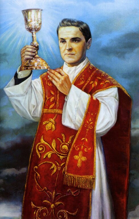 Painting of Father Michael J. McGivney by Antonella Cappuccio standing wearing 19th century priestly vestments raising a chalice with both hands.