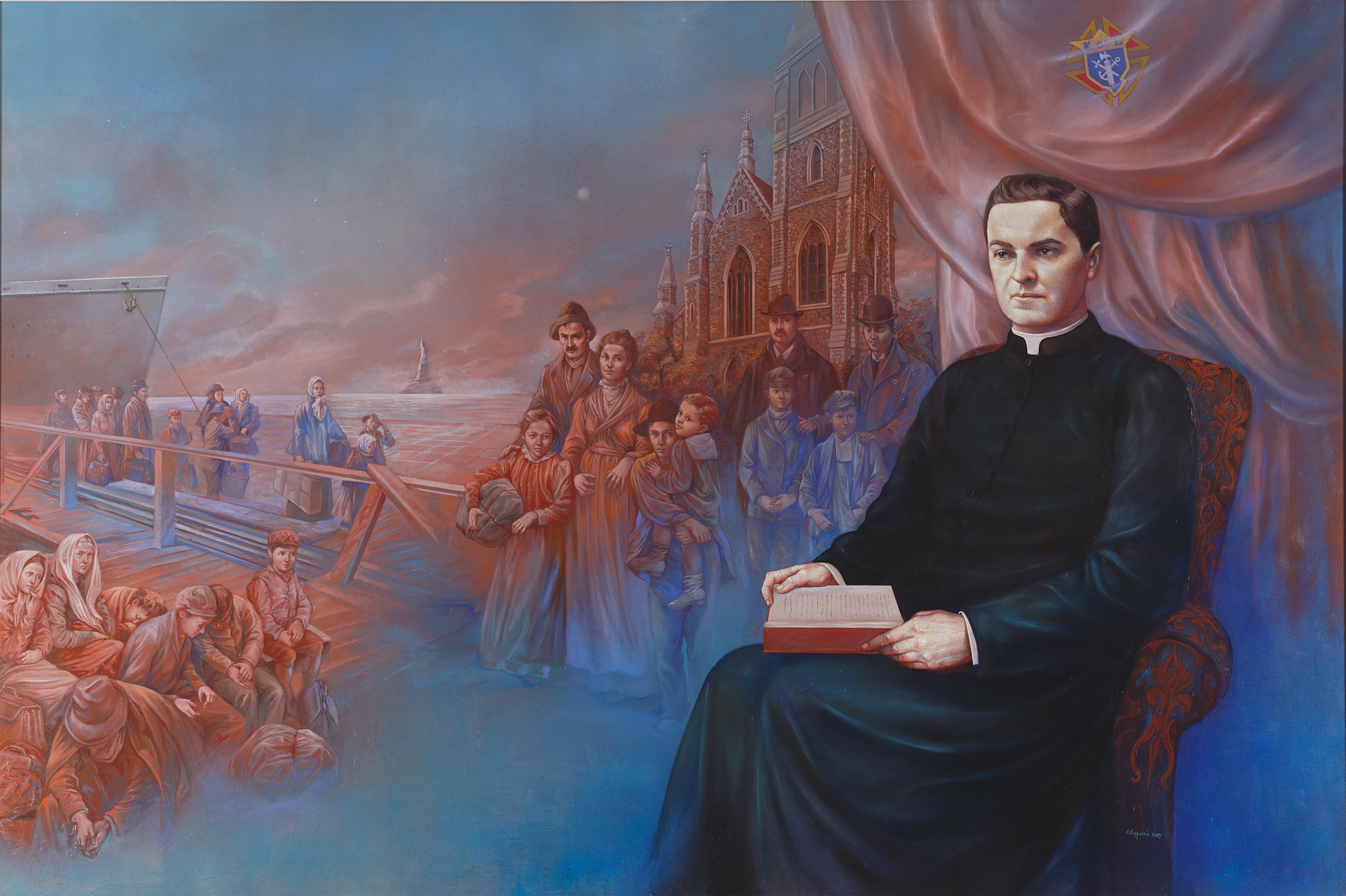 McGivney sits holding an opened book. Behind him is St. Mary’s Church facade. Also depicted are people departing a ship and the Statue of Liberty. 