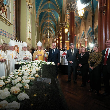 Clergy, Supreme Knight Carl Anderson, and Father Michael J. McGivney’s close relatives at his sarcophagus at St. Mary's Church on November 1, 2020.