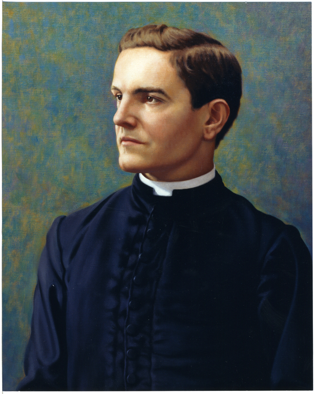 Portrait in profile of Father Michael J. McGivney dressed in a black cassock on a green and gold background.