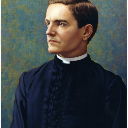 Portrait in profile of Father Michael J. McGivney dressed in a black cassock on a green and gold background.