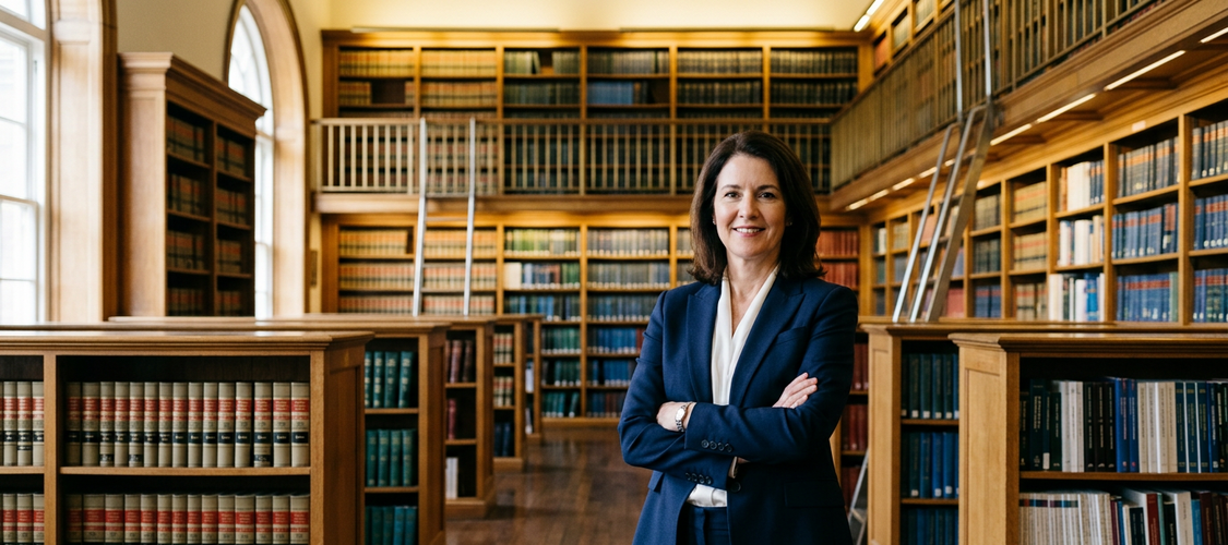 A woman in a navy suit standing in a library with her arms crossed.