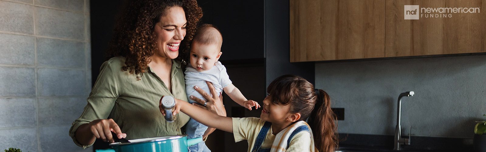 latina mother with her children cooking in the kitchen