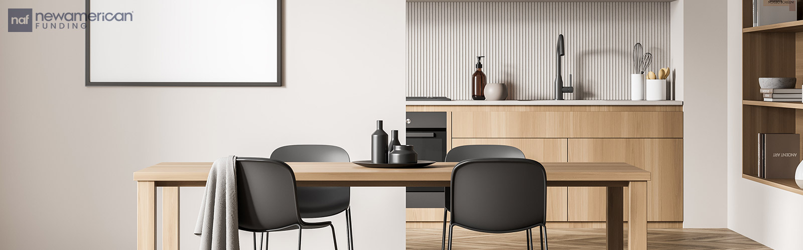 Modern dining room and kitchen with a wooden kitchen table with four black chairs