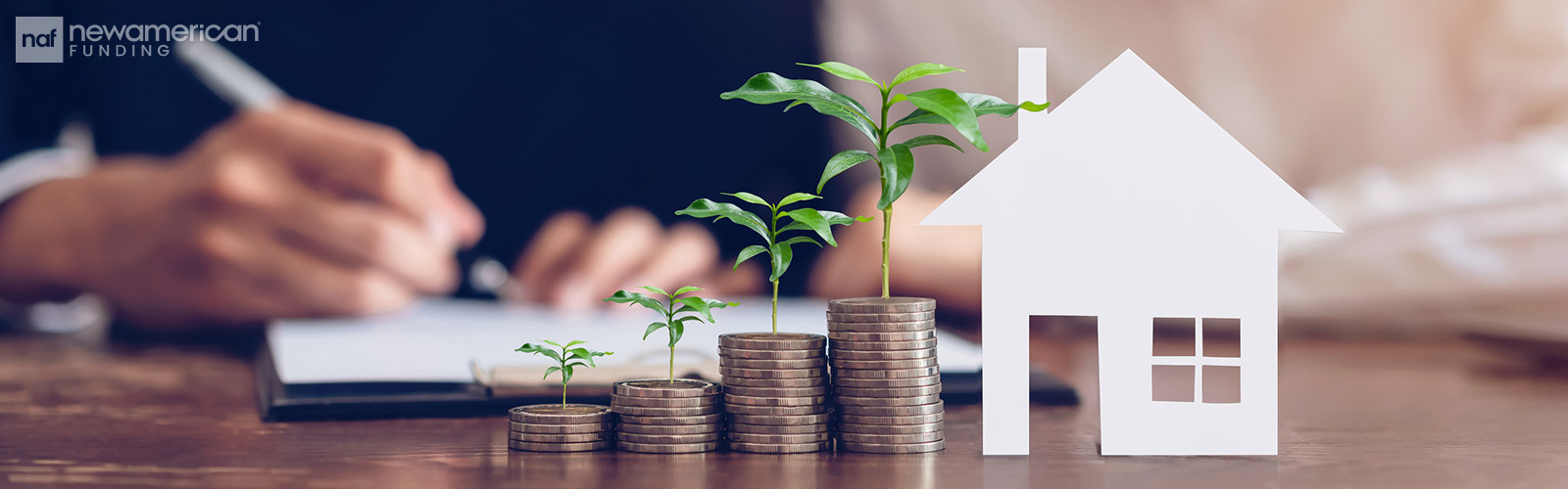 graphic of a plant growing from ascending stacks of coins symbolizing home equity growth