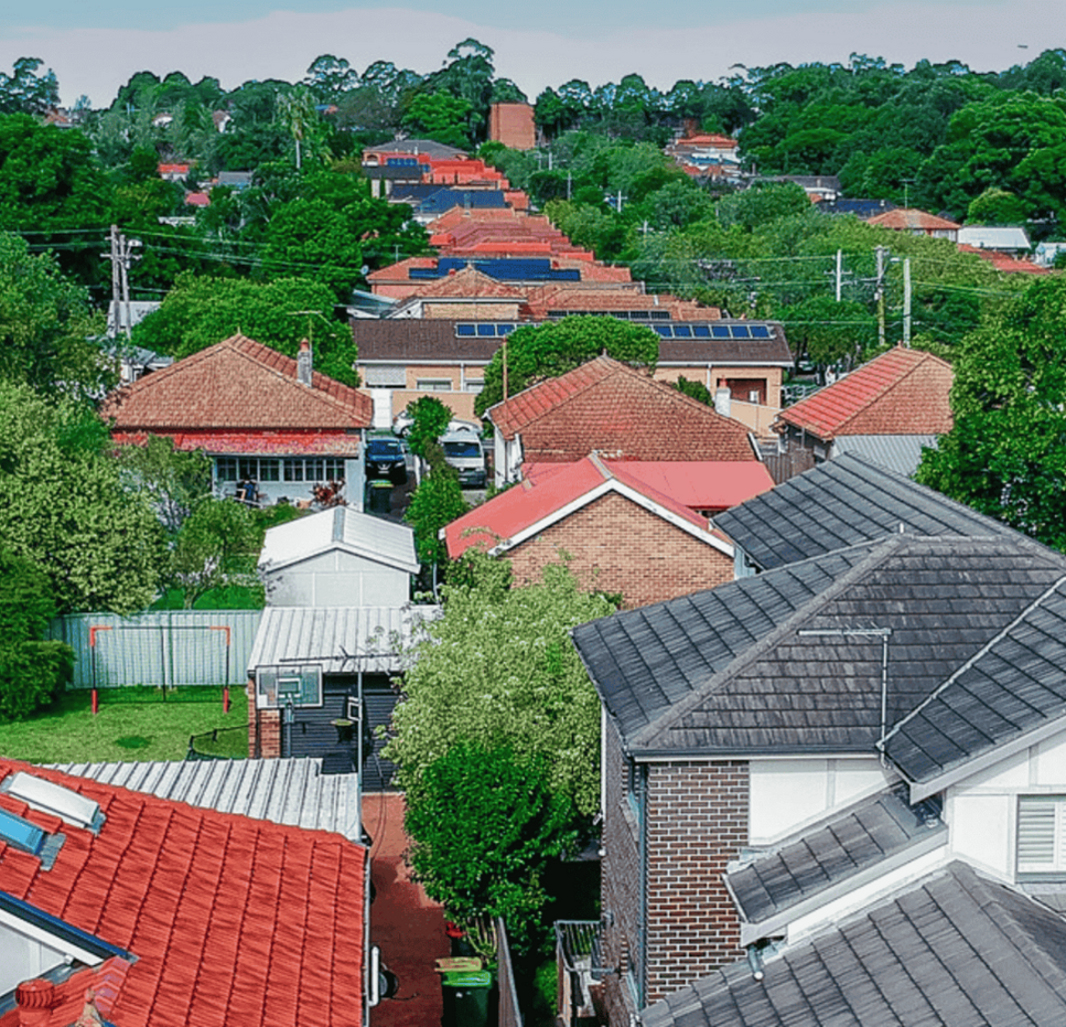 Drone Aerial image of Suburban federation residential houses in Sydney NSW Australia.