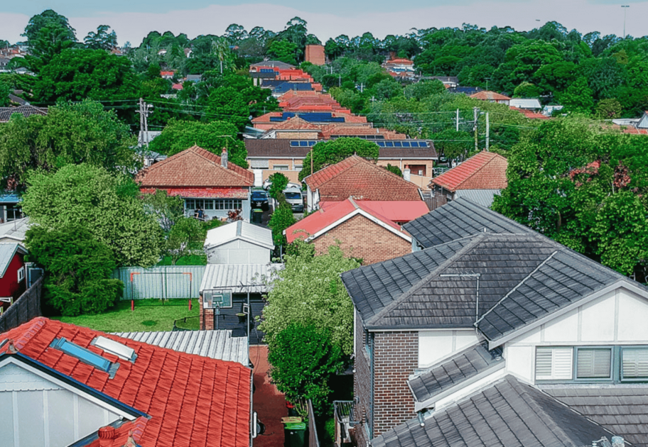 Drone Aerial image of Suburban federation residential houses in Sydney NSW Australia.