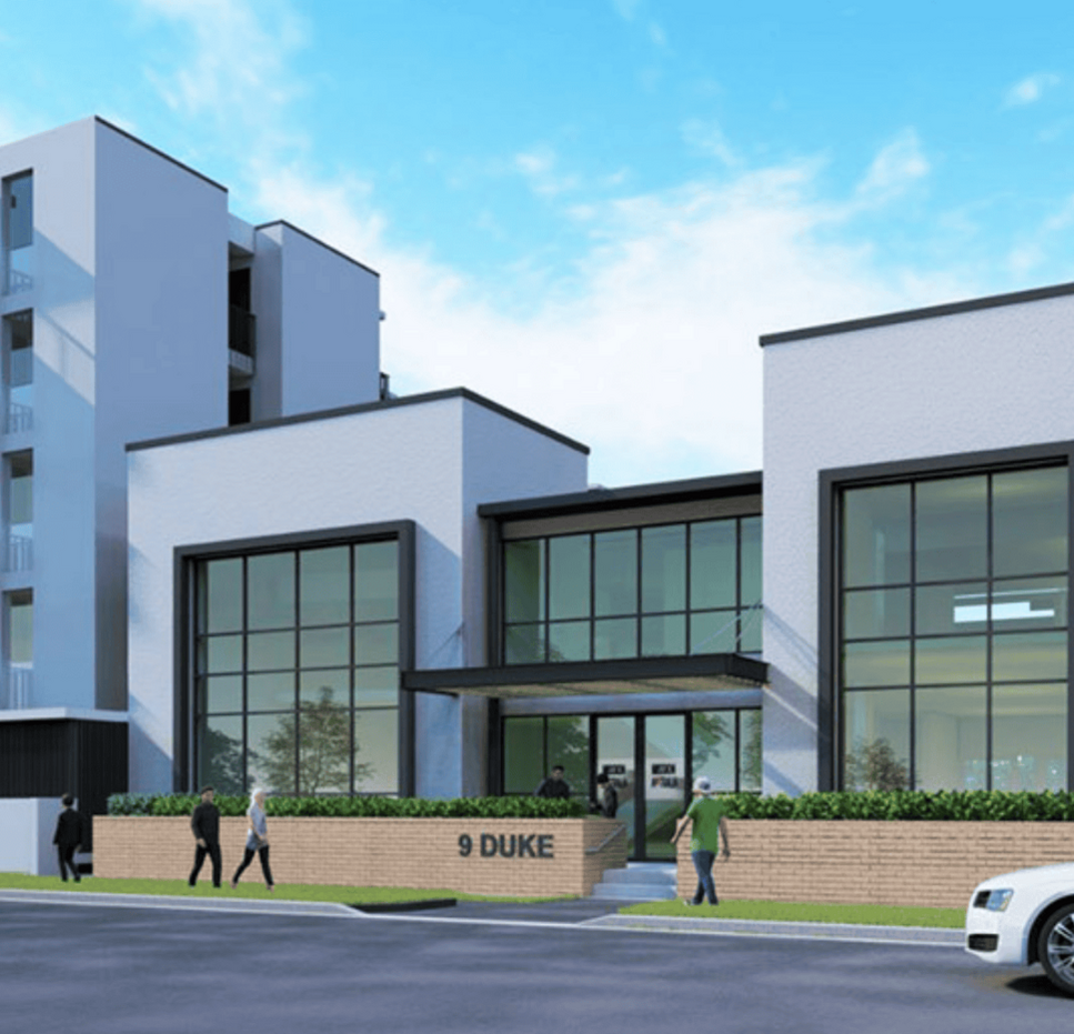 Artist rendition of 9 Duke St, Mission Australia Housing's Coffs Harbour building. Image of large modern building with windows and illustrated tenants walking out front.