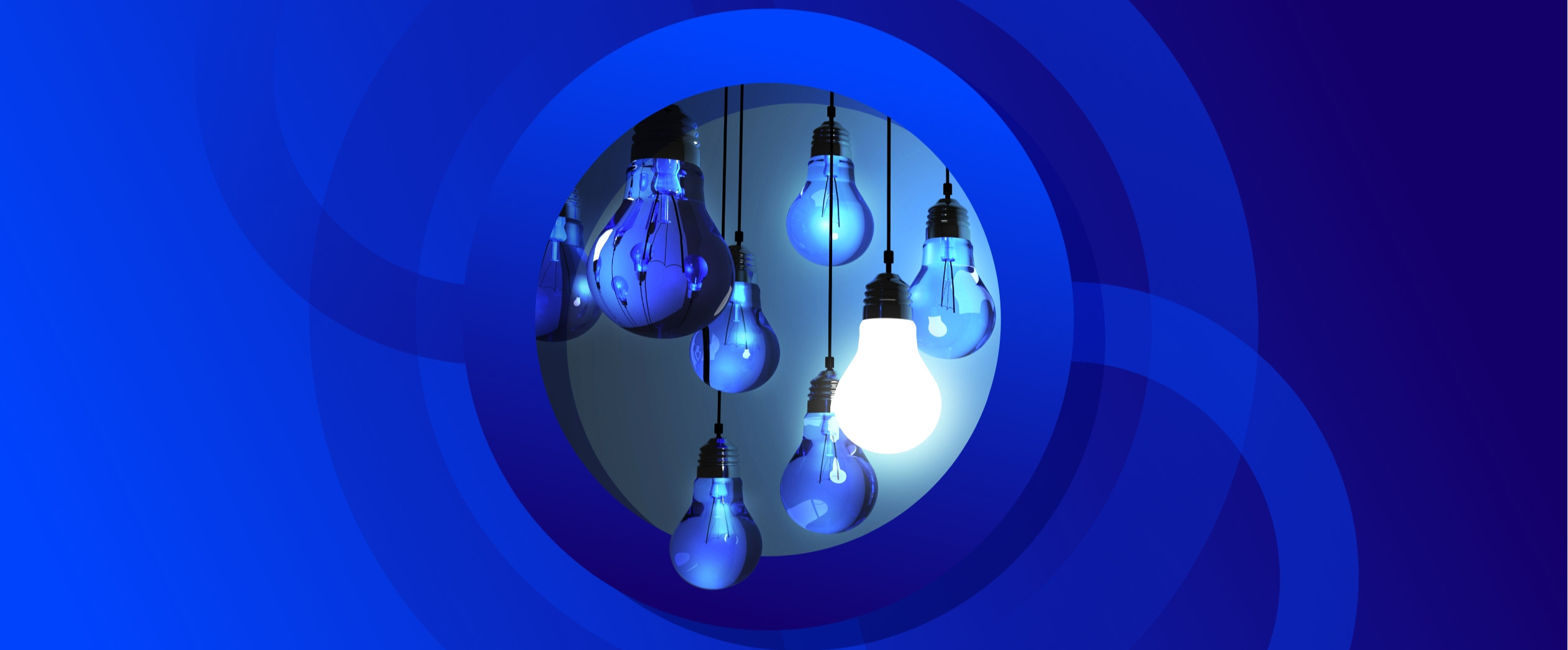 Multiple lightbulbs hang from the ceiling in a circle; one in the center is brightly lit white, while the surrounding bulbs are dark blue and unlit. The image is framed by concentric blue circles.