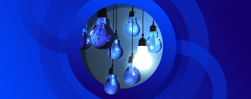 Multiple lightbulbs hang from the ceiling in a circle; one in the center is brightly lit white, while the surrounding bulbs are dark blue and unlit. The image is framed by concentric blue circles.