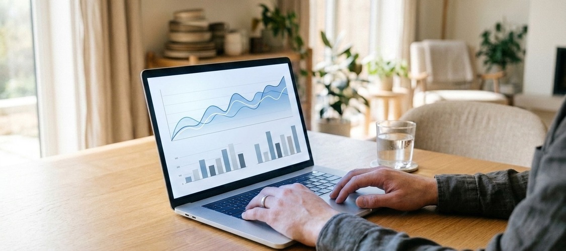 Someone looking at graphs on a laptop screen.