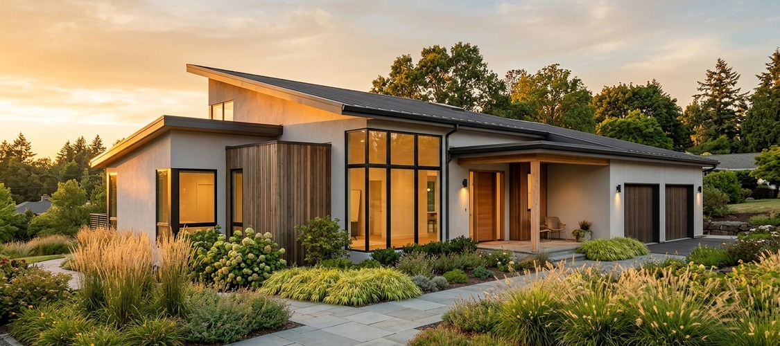 A charming, modern home during sunset.