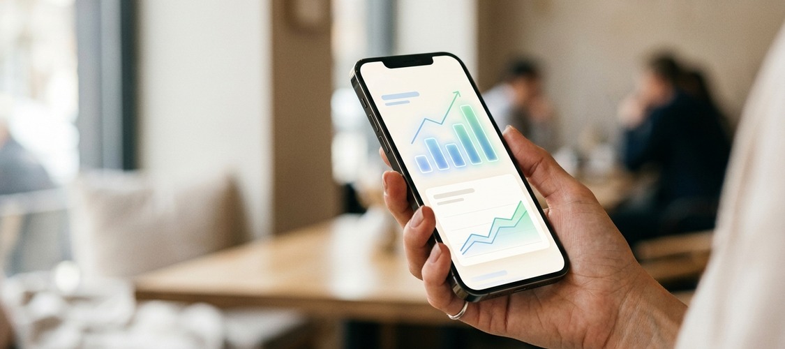 Someone holding a cell phone with graphs trending up on it.
