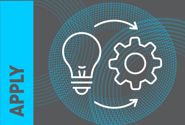 Icon of a lightbulb and a cog wheel, side by side with arrows between them. Text 'apply' on the side