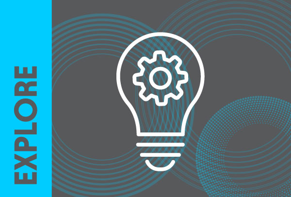 Icon of a lightbulb with a cogwheel in the centre, and text 'explore' on the side