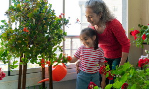 Babica in vnučka zalivata rastlino na balkonu - babica uživa v življenju s pomočjo izplačila pokojninske rente