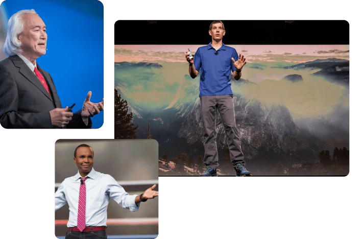 A collage of three males who are on a stage speaking at a conference