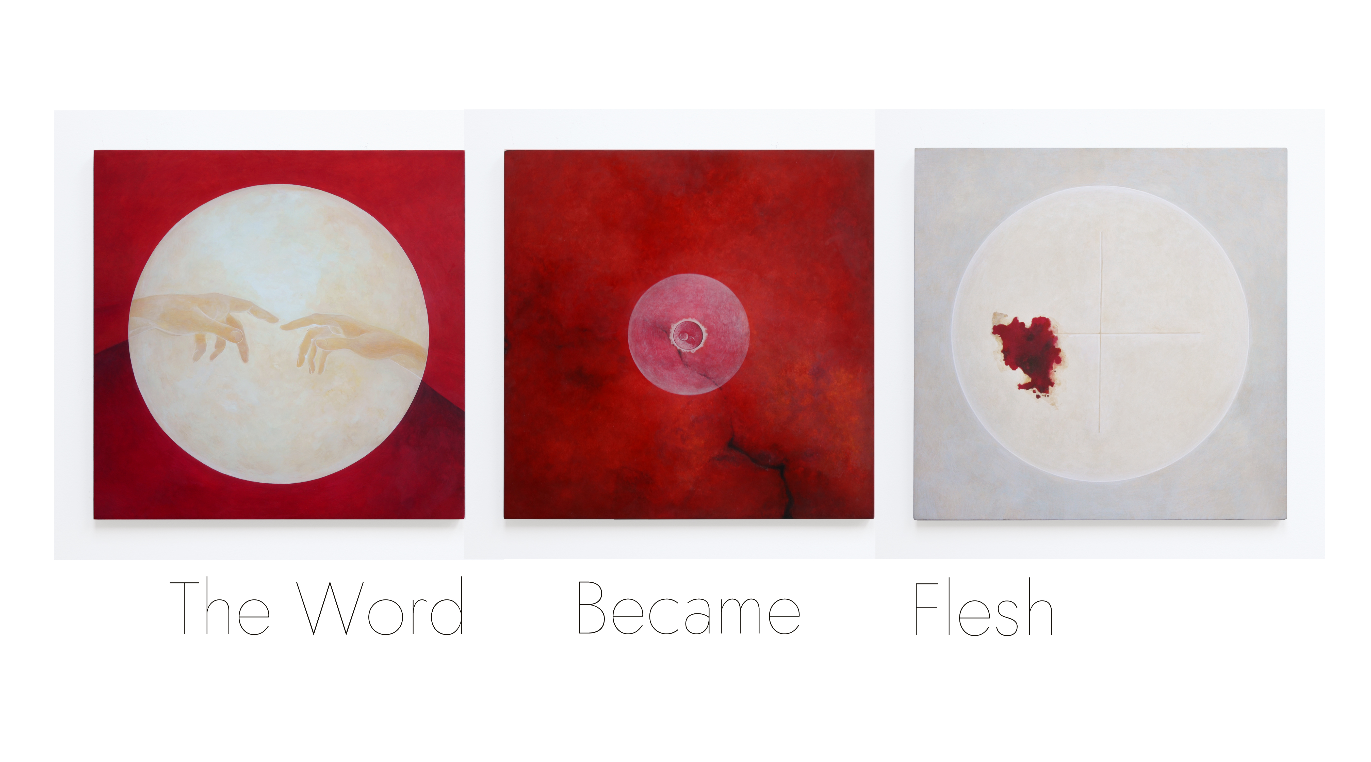 Painting, "The Word Became Flesh Triptych" egg tempera on wood by Ewa Krepsztul.