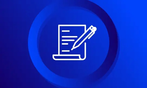 A white outline icon of a scrolling document or paper with lines of text, being written on by a pen. This represents legal documents, writing, or administration.