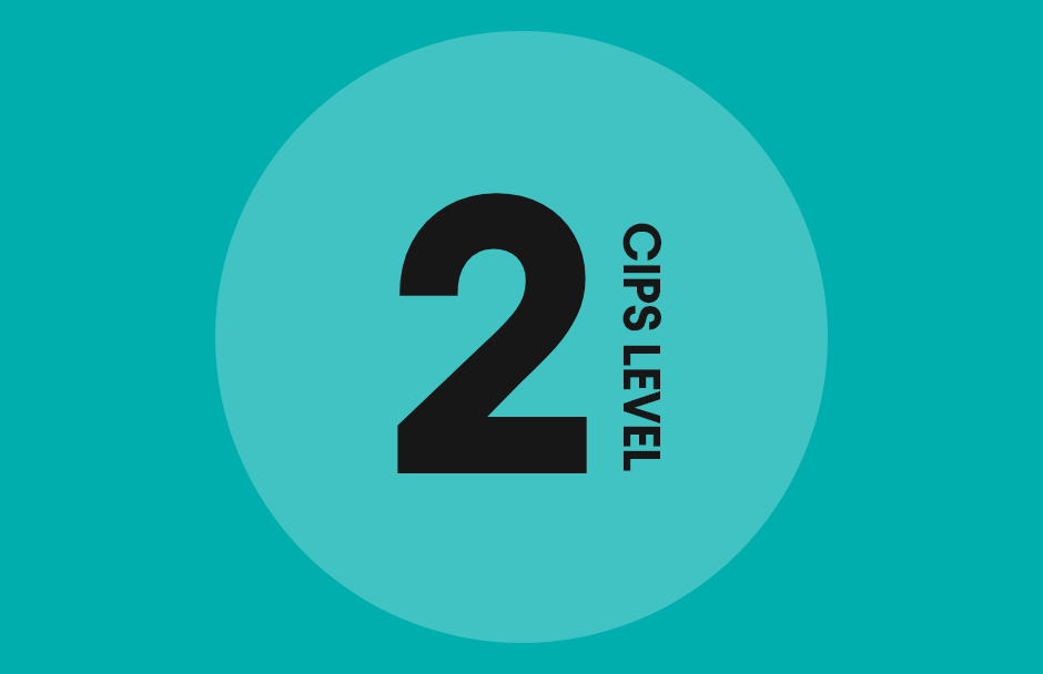 The image is a graphic featuring a large, bold number "2" in the center of a light grey circle. The words "CIPS LEVEL" are written vertically to the right of the number. The entire graphic is set against a solid turquoise background. The design is simple and serves to represent "CIPS Level 2."