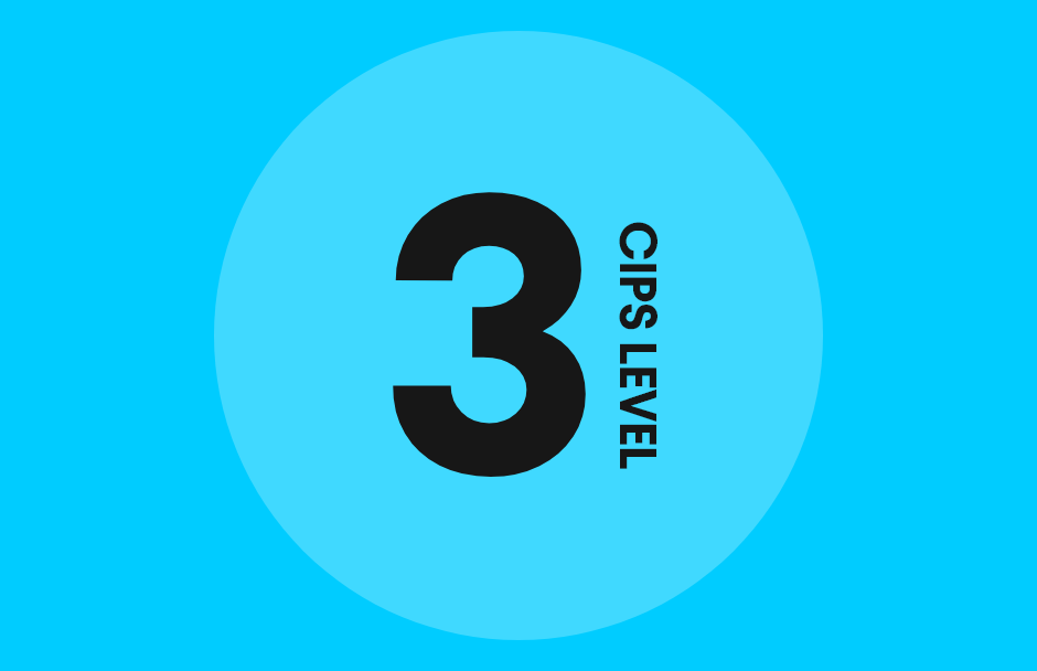 The image is a graphic featuring a large, bold number "3" in the center of a light grey circle. The words "CIPS LEVEL" are written vertically to the right of the number. The entire graphic is set against a solid turquoise background. The design is simple and serves to represent "CIPS Level 3."