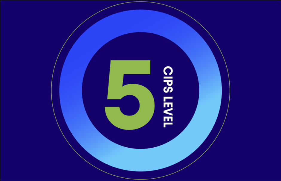 The image is a graphic featuring a large, bold lime green number "5" in the center of a circular gradient ring. The ring transitions from a dark blue on the left to a light cyan on the right. A thin lime green outline encircles the entire design. The words "CIPS LEVEL" are written vertically to the right of the number. The entire graphic is set against a dark blue background. The design is modern and serves to represent "CIPS Level 5."