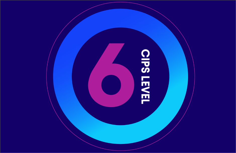 
The image is a graphic featuring a large, bold number "6" in a vibrant pink color. The number is centered within a circular gradient ring that transitions from blue to cyan. A thin pink outline encircles the entire design. The words "CIPS LEVEL" are written vertically to the right of the number. The entire graphic is set against a dark blue background. The design is modern and serves to represent "CIPS Level 6."