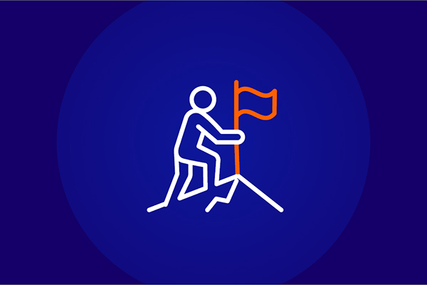 A white outline icon of a person climbing a peak and planting a flag with an orange outline. This represents reaching a goal or achieving a high-level distinction, such as an upgrade in membership.