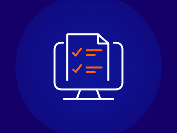 Line-art icon of a computer monitor displaying a document with checkmarks and orange text lines, representing an online assessment or test, set against a dark blue background.