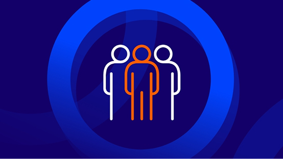 An icon of three white outline figures standing side-by-side, with the middle figure highlighted in an orange outline. This represents leadership, standing out from the crowd, or career progression.