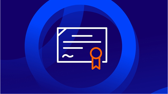 An icon of a white outline certificate with an orange ribbon and seal. This represents certification, a professional award, or a commitment to standards.