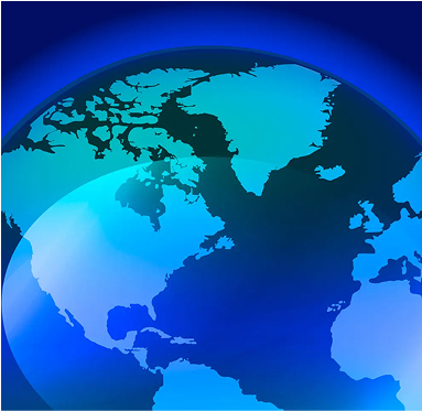 A close-up, abstract, digital illustration of the Earth, focused on North America and Central America, rendered in shades of bright blue, teal, and dark blue with a glossy, light-refracting effect.