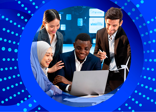 A circular, stylized image of four professionals, two men and two women, gathered around a laptop. They are smiling and collaborating, with one man pointing to the screen. The background is a digital display of charts and data, framed by a vibrant blue, dotted, circular design.