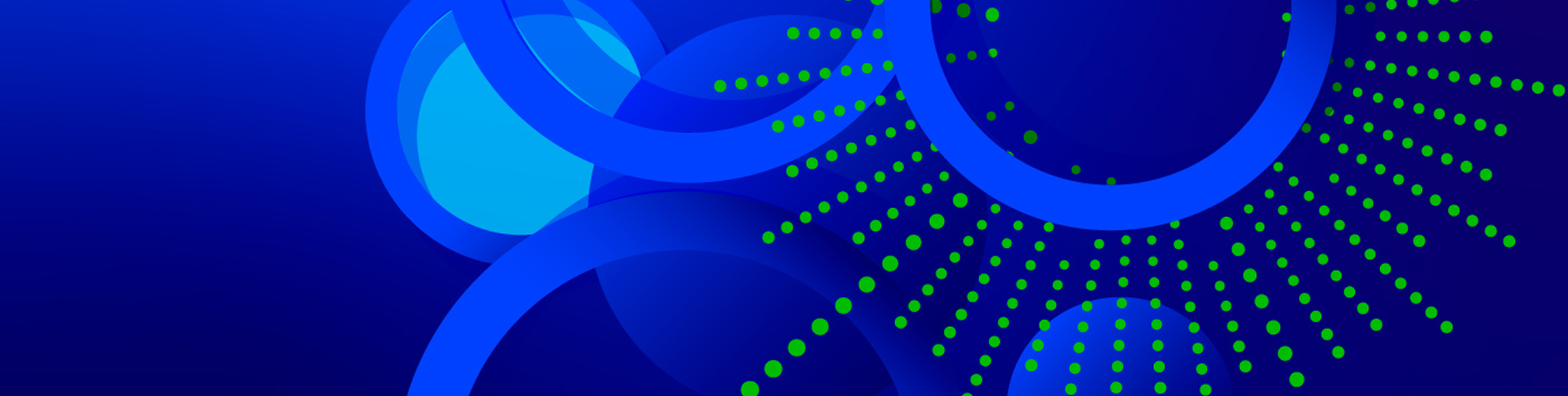A dark blue abstract background graphic featuring a cluster of interconnected bright blue, lighter blue, and dark blue rings and circles, interspersed with bright green dots radiating outwards from some of the circles.v
