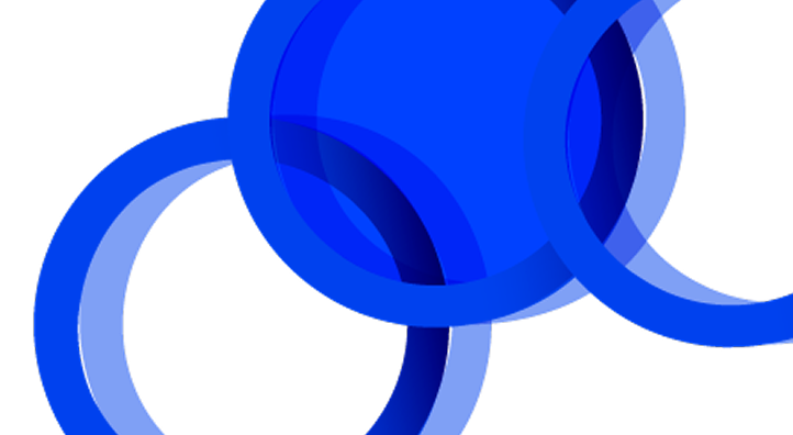An abstract graphic featuring a solid dark blue circle overlaid by blue concentric rings on a black background.
