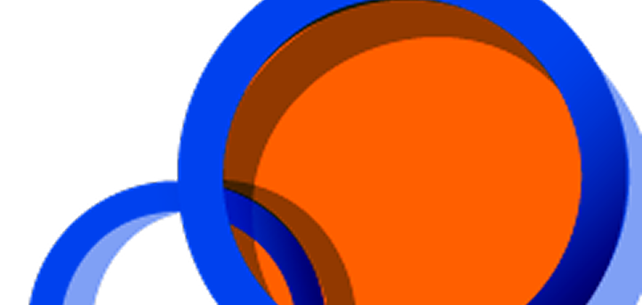 An abstract graphic featuring a bright orange circle overlapping blue concentric rings on a black background.
