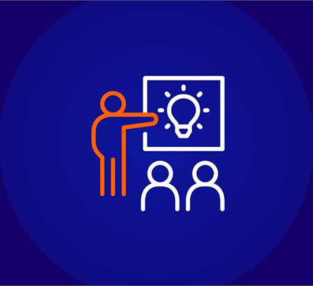An icon of a person with an orange outline pointing to a board with a lightbulb idea illustration on it, in front of two white outline people sitting down. This represents a training session or networking benefit.v