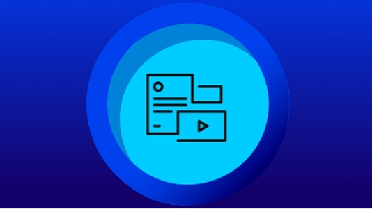 The image is a graphic featuring an outline icon set against a bright, cyan-blue circular button or sphere. The background is a solid, deep blue.