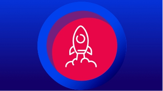 The image is a graphic featuring an outline icon of a rocket taking off set against a vibrant magenta/red circular button or sphere. The background is a solid, deep blue, with a subtle blue gradient ring encircling the magenta circle.