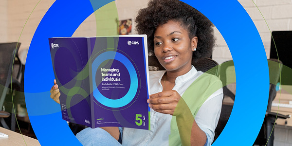 A smiling woman wearing a black hijab is framed by a white circle surrounded by a blue circular graphic background.