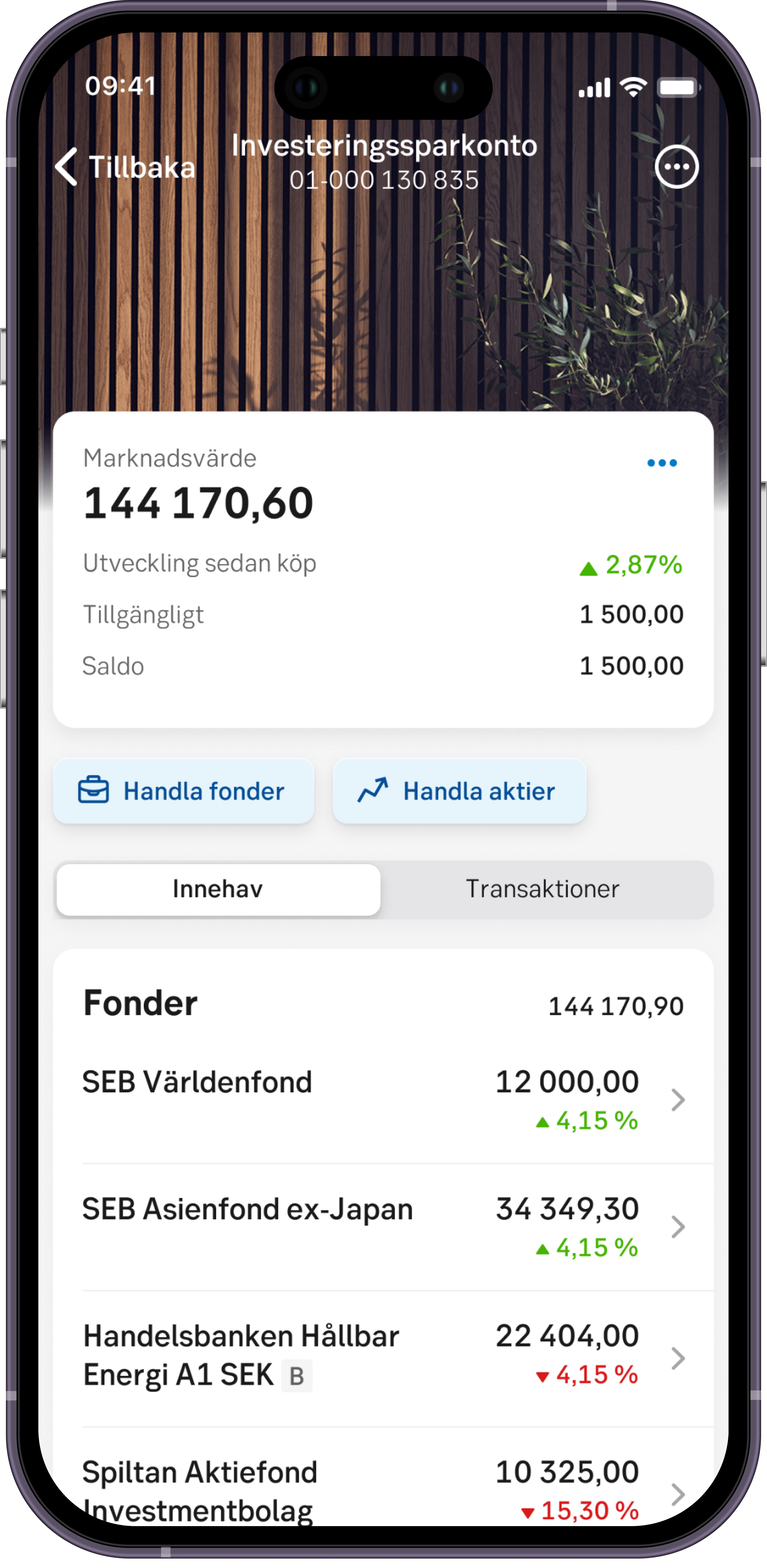 Följ utvecklingen för dina fonder och aktier, pensionssparanden och försäkringar direkt i appen.