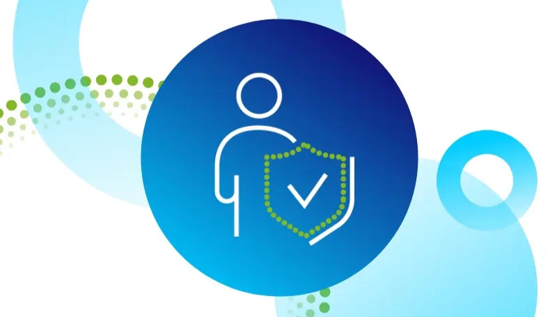 Person icon holding a shield with a checkmark, set against blue circular patterns; symbolizing awareness, protection, and responsibility in addressing modern slavery