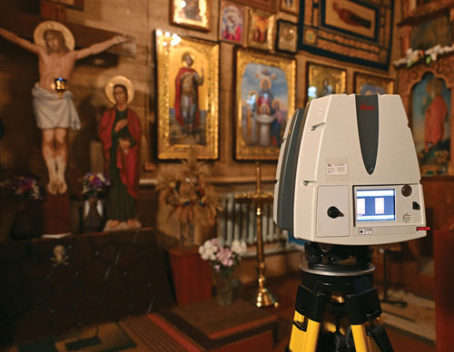 Laser scanning equipment is used inside the Church of the Intercession of the Most Holy Theotokos in Fastiv, Ukraine, in February. (Photo by Andrey Gorb)